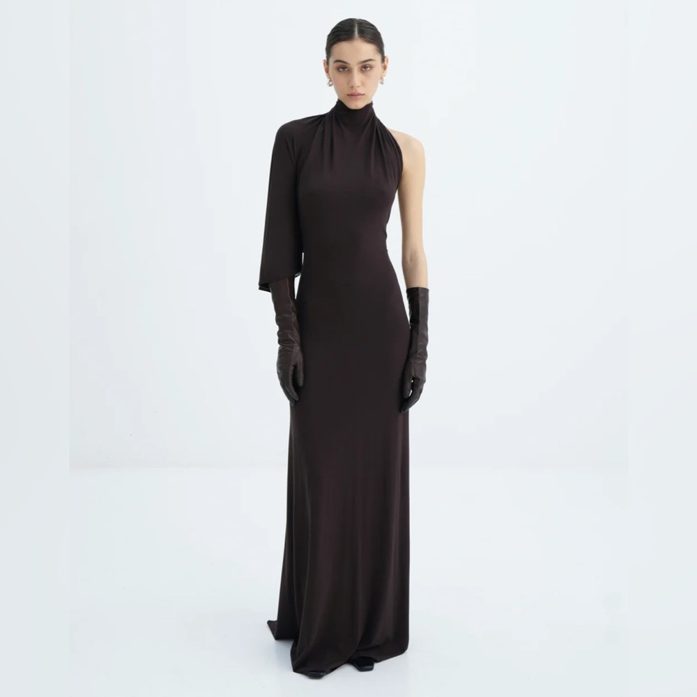 Diana Milkanova One-Shoulder Draped Dress in brown